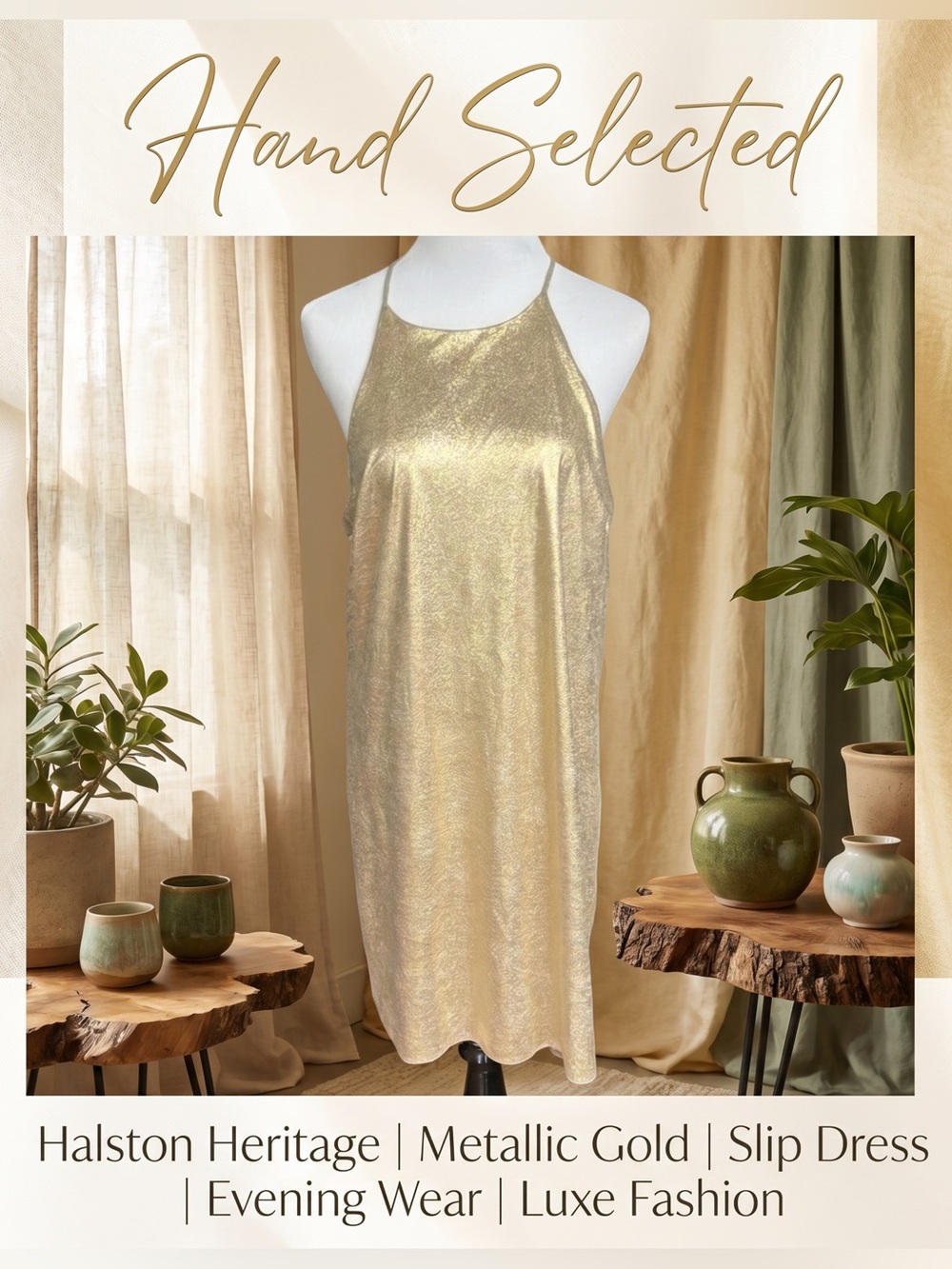 Halston Heritage Metallic Gold Midi Slip Dress Mob Wife Old Money Backless 12